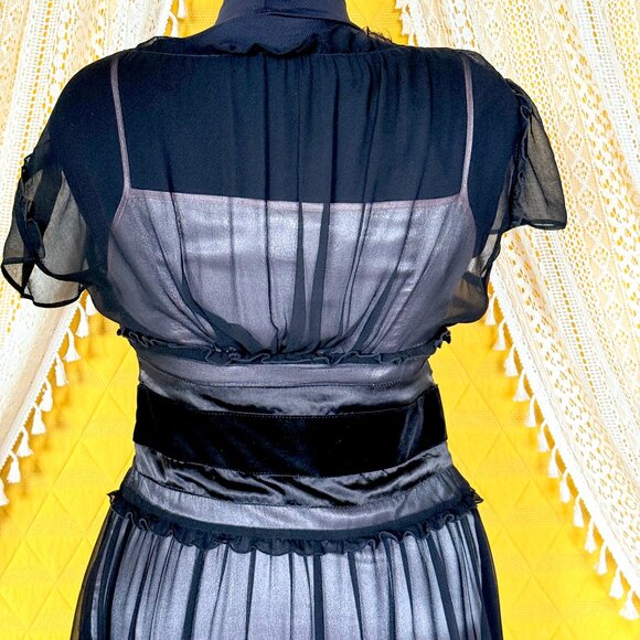Vintage Y2K Dark Coquette 100% Silk Sheer Black & Pink Milkmaid Dress Size M - Picture 8 of 17